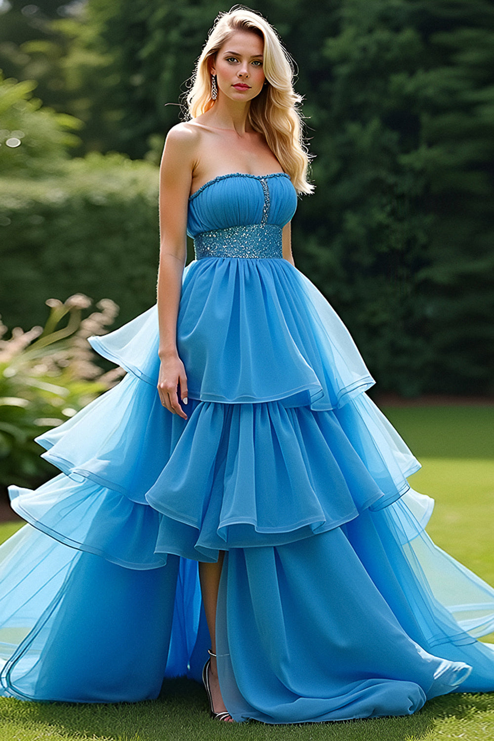 Tiered Ruched Long Blue A Line Strapless Prom Dress with Beading