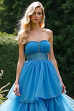Tiered Ruched Long Blue A Line Strapless Prom Dress with Beading