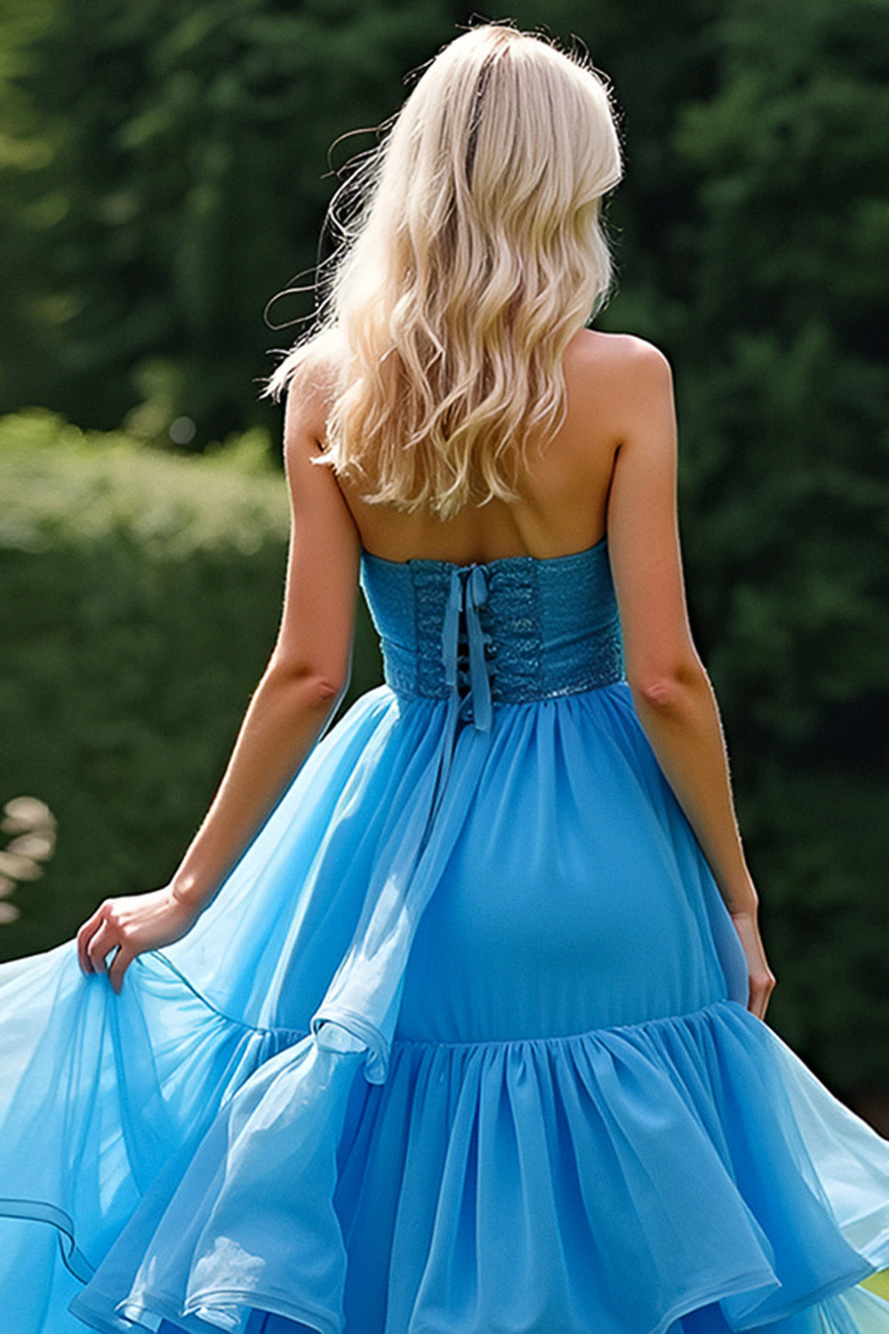 Tiered Ruched Long Blue A Line Strapless Prom Dress with Beading