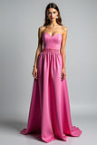 A Line Fuchsia Strapless Ruched Long Prom Dress