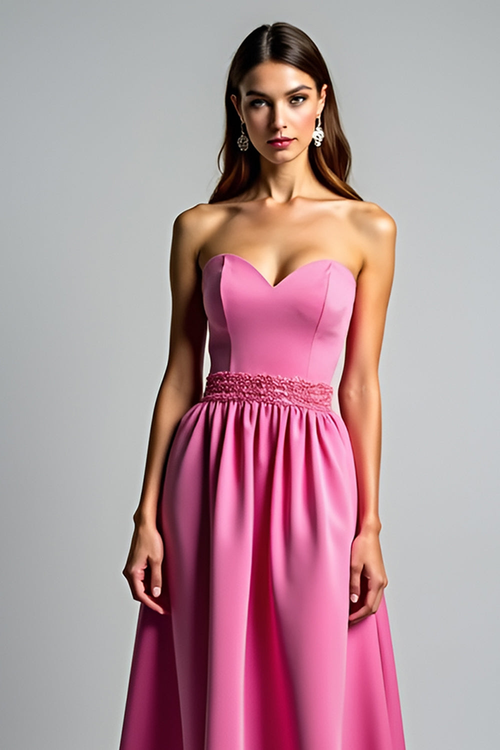 A Line Fuchsia Strapless Ruched Long Prom Dress