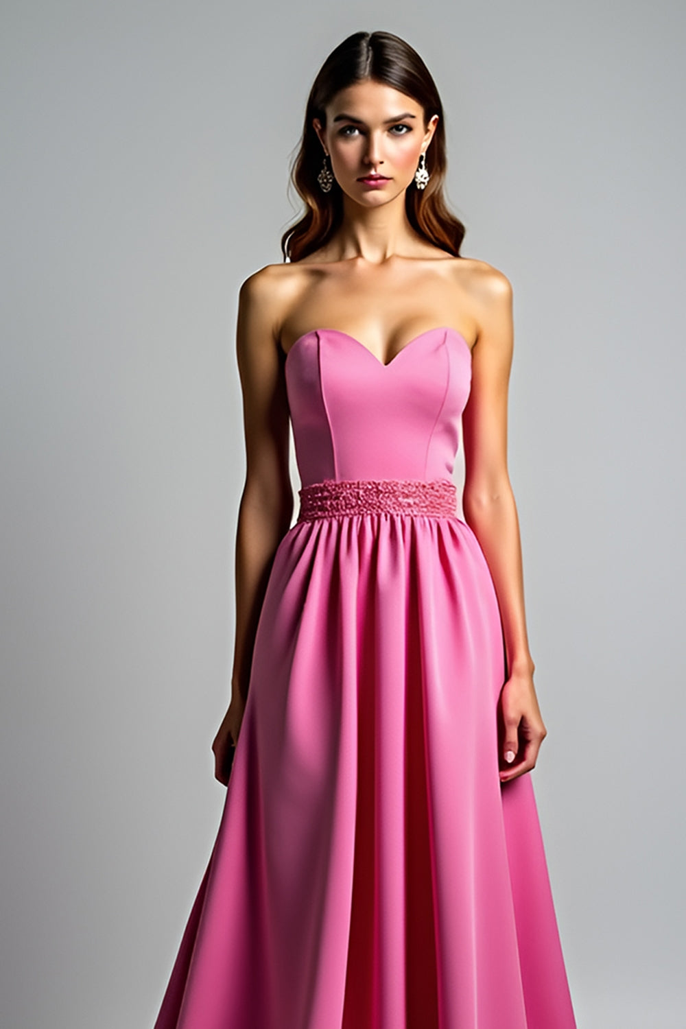 A Line Fuchsia Strapless Ruched Long Prom Dress
