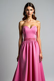 A Line Fuchsia Strapless Ruched Long Prom Dress