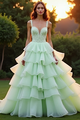 Ball Gown Green Tiered Long Prom Dress with Ruffles