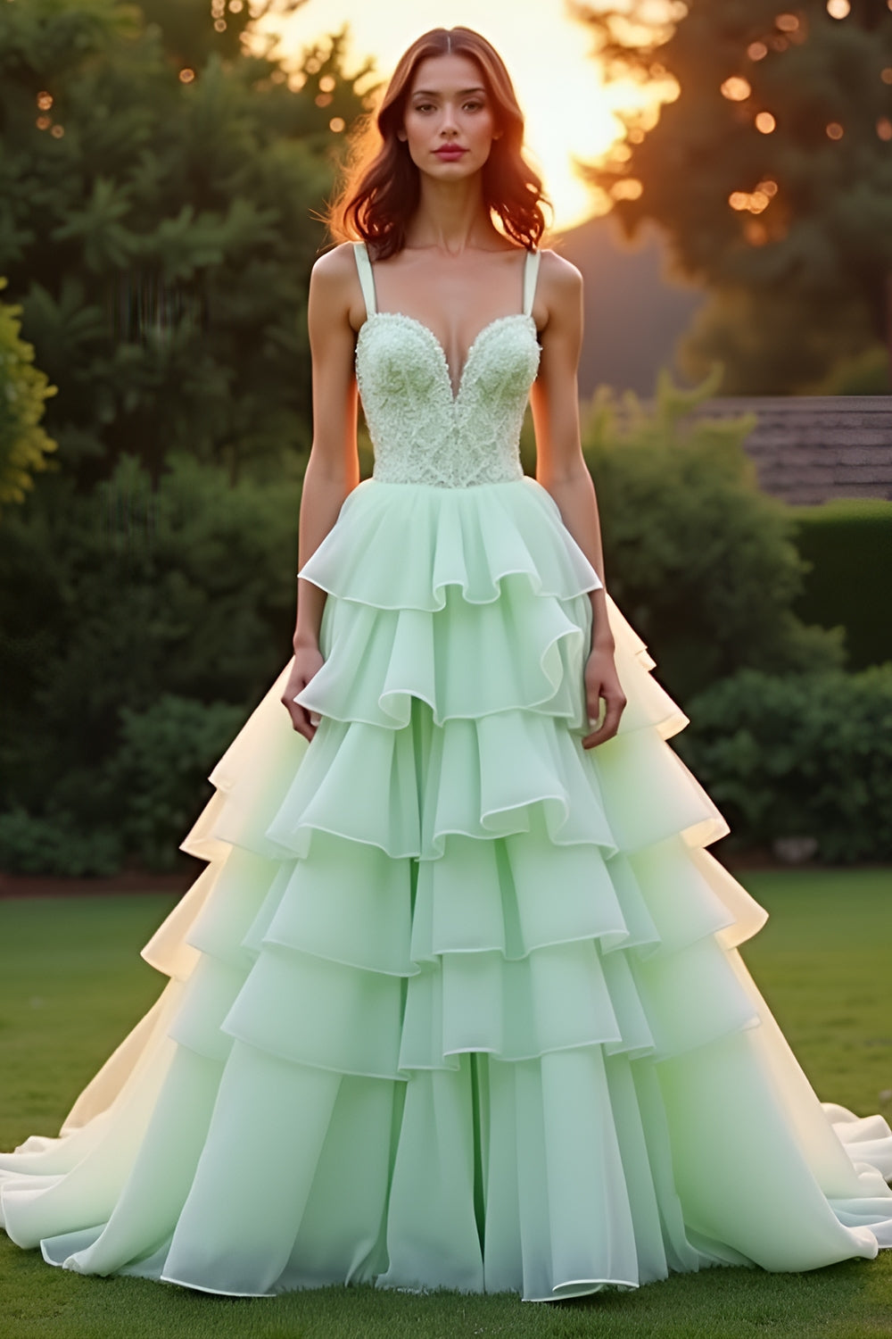 Ball Gown Green Tiered Long Prom Dress with Ruffles