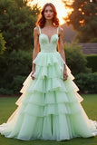 Ball Gown Green Tiered Long Prom Dress with Ruffles