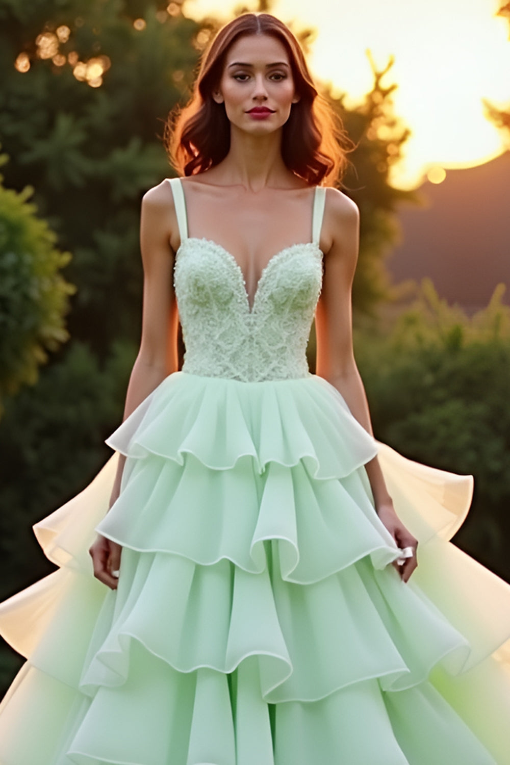 Ball Gown Green Tiered Long Prom Dress with Ruffles