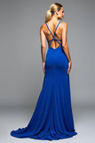 A Line Long Chiffon Royal Blue Formal Dress with Beading