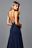Long Ruched Navy V-Neck Formal Dress with Slit
