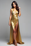 Halter Long Golden V-Neck Formal Dress with Slit