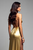 Halter Long Golden V-Neck Formal Dress with Slit