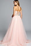 Ruched A Line Light Pink Strapless Long Prom Dress