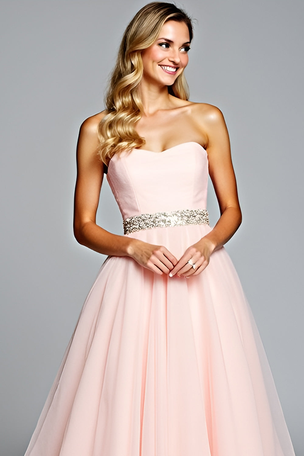 Ruched A Line Light Pink Strapless Long Prom Dress