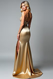Beaded Golden Sheath Long Prom Dress with Slit