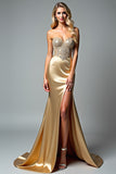Beaded Golden Sheath Long Prom Dress with Slit
