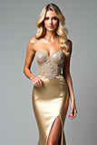 Beaded Golden Sheath Long Prom Dress with Slit