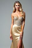 Beaded Golden Sheath Long Prom Dress with Slit