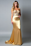 Satin Golden Strapless Long Prom Dress with Beading
