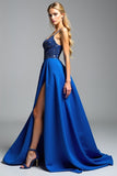 A Line Royal Blue Satin Long Prom Dress with Slit