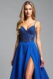 A Line Royal Blue Satin Long Prom Dress with Slit