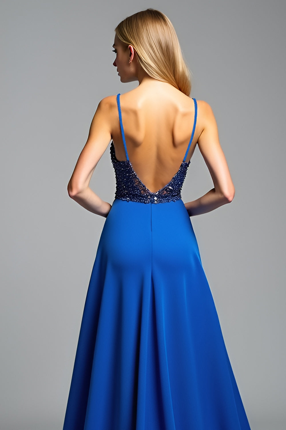 A Line Royal Blue Satin Long Prom Dress with Slit