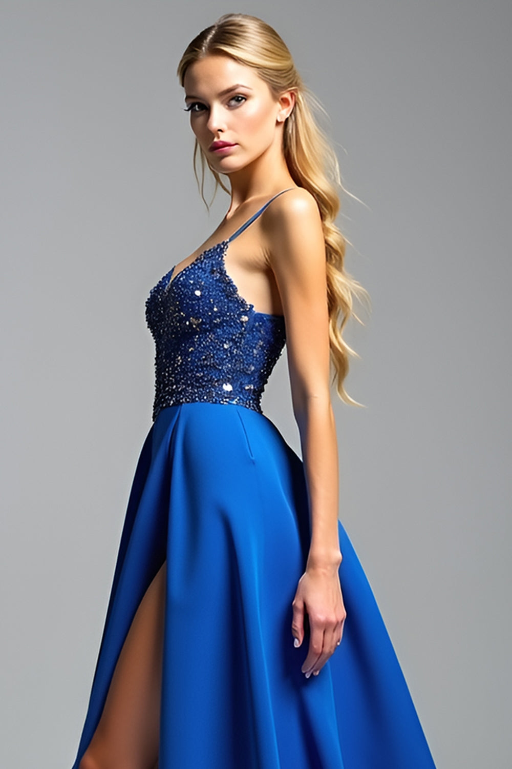 A Line Royal Blue Satin Long Prom Dress with Slit