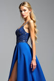 A Line Royal Blue Satin Long Prom Dress with Slit