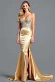 Strapless Golden Backless Long Prom Dress with Slit