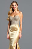 Strapless Golden Backless Long Prom Dress with Slit