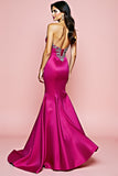 Satin Fuchsia Strapless Long Prom Dress with Beading