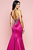 Satin Fuchsia Strapless Long Prom Dress with Beading