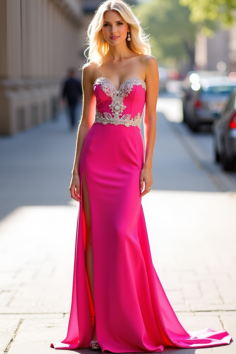 Sheath Appliqued Fuchsia Long Prom Dress with Slit