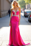 Sheath Appliqued Fuchsia Long Prom Dress with Slit