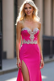 Sheath Appliqued Fuchsia Long Prom Dress with Slit