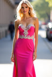 Sheath Appliqued Fuchsia Long Prom Dress with Slit