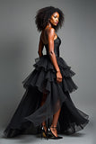 Asymetrical Long Black Tulle Tiered Prom Dress