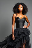 Asymetrical Long Black Tulle Tiered Prom Dress
