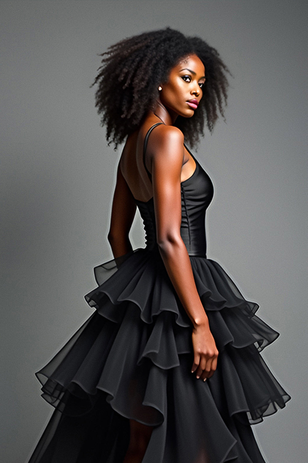 Asymetrical Long Black Tulle Tiered Prom Dress