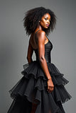 Asymetrical Long Black Tulle Tiered Prom Dress