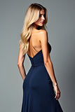 Long Chiffon Navy Sweetheart Formal Dress with Slit