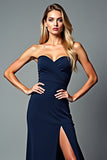 Long Chiffon Navy Sweetheart Formal Dress with Slit