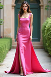 A Line Fuchsia Square Neck Satin Long Prom Dress