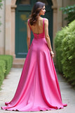 A Line Fuchsia Square Neck Satin Long Prom Dress
