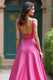 A Line Fuchsia Square Neck Satin Long Prom Dress