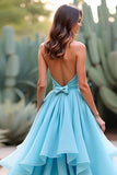 Halter Neck Blue Ball Gown Long Prom Dress with Ruffles