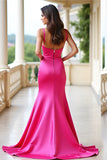 Square Neck Fuchsia Sheath Long Prom Dress with Slit