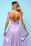 Ruched Chiffon Lilac A Line Bridesmaid Dress with Slit