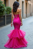 Fuchsia Strapless Satin Long Prom Dress with Ruffles