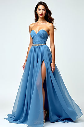 Sweetheart Grey Blue A Line Long Prom Dress with Slit