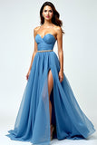 Sweetheart Grey Blue A Line Long Prom Dress with Slit